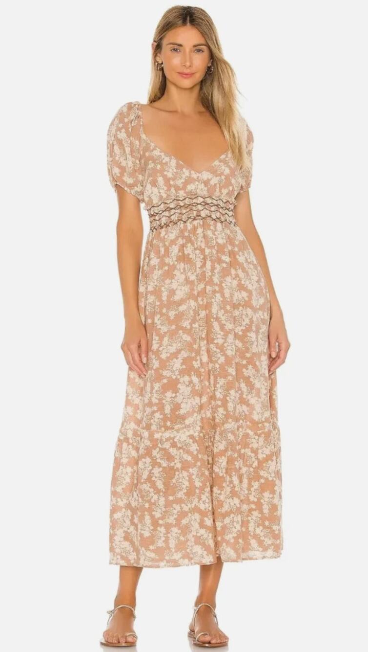 Free People Womens Ellie Floral Short Puff Sleeve Cotton Brown/Tan Maxi Dress XS